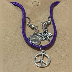Mismatched Flower+Yin Yang Earrings and Peace Sign Purple Necklace Set